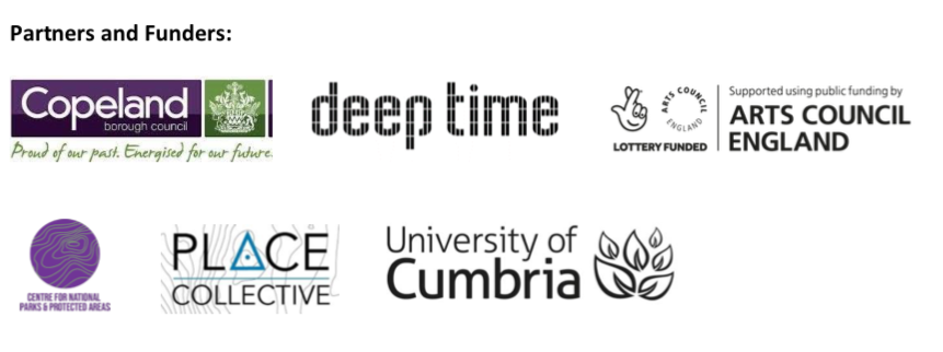 images of the logos of partners and funders for the deep time project: Copeland Borough Council, Arts Council England, Centre for National Parks and Protected Areas, PLACE Collective and University of Cumbria