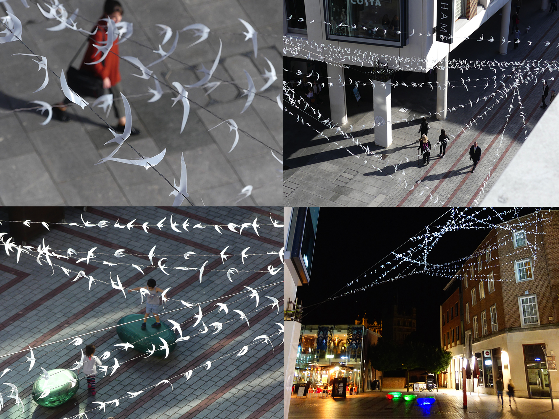 four images showing an installation of hand-made swifts above predestrian streets, by Naomi Hart